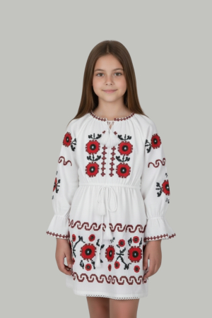 Rochie traditionala alba pentru fetite cu motiv floral rosu Crina [1]