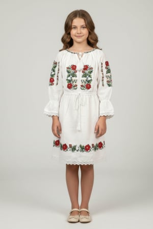 Imbracaminte copii - Rochie traditionala alba pentru fetite cu motiv floral rosu Elena