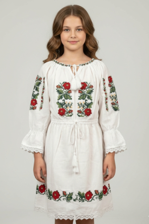 Rochie traditionala alba pentru fetite cu motiv floral rosu Elena [1]