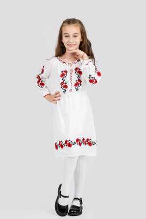 Imbracaminte Fetite - Rochie traditionala alba pentru fetite cu motiv floral rosu Iuliana