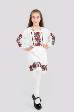 Imbracaminte copii - Rochie traditionala alba pentru fetite cu motiv floral rosu Maria