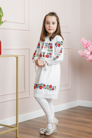 Imbracaminte copii - Rochie traditionala alba pentru fetite cu motiv floral rosu Sara