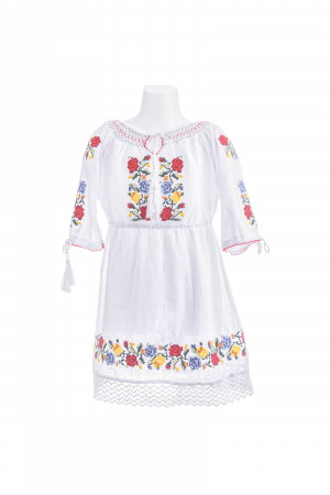 Rochie traditionala alba pentru fetite cu motiv floral tricolor Casandra [0]