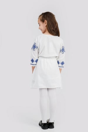 Rochie traditionala alba pentru fetite cu motiv geometric albastru Doris 01 [1]