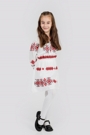 Imbracaminte Fetite - Rochie traditionala alba pentru fetite cu motiv geometric rosu Doris 02