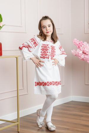 Rochie traditionala alba pentru fetite cu motiv geometric rosu Erica [3]