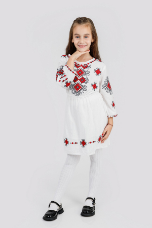 Imbracaminte Fetite - Rochie traditionala alba pentru fetite cu motiv geometric rosu Lorena