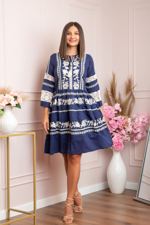 Rochie traditionala bleumarin cu model floral alb Ema 02 [4]