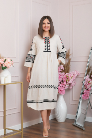 Rochie traditionala crem cu model floral negru Delia [3]