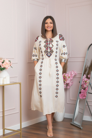 Rochie traditionala crem cu model geometric multicolor Viorela 02 [3]