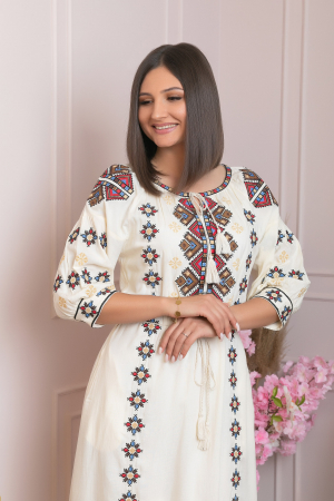 Rochie traditionala crem cu model geometric multicolor Viorela 02 [1]