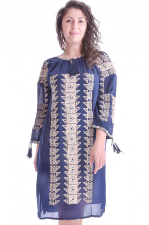Rochie traditionala dreapta albastra cu motiv geometric crem Magdalena [0]