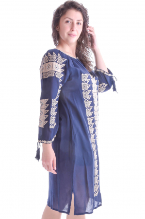 Rochie traditionala dreapta albastra cu motiv geometric crem Magdalena [1]
