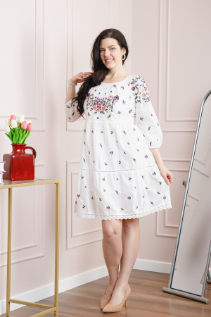 Rochie traditionala evazata alba cu motiv floral multicolor Aurora [2]