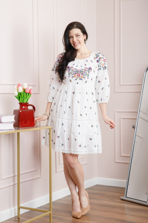 Rochie traditionala evazata alba cu motiv floral multicolor Aurora [3]