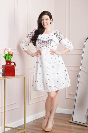 Rochii traditionale - Rochie traditionala evazata alba cu motiv floral multicolor Aurora