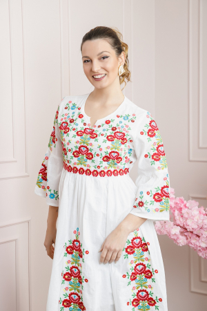 Rochie traditionala evazata alba cu motiv floral multicolor Crina 01 [2]
