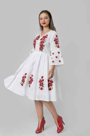 Rochie traditionala evazata alba cu motiv floral rosu Carina [3]