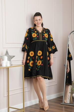 Rochie traditionala evazata neagra cu motiv floral galben Catrinel [3]
