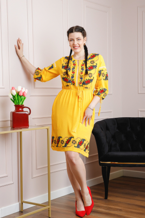 Rochii traditionale - Rochie traditionala galbena cu motiv floral multicolor Afrodita 04