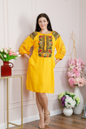 Rochie traditionala galbena cu motiv floral multicolor Simona 02 [3]