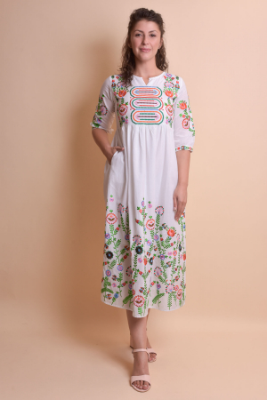 Rochie traditionala maxi alba cu motiv floral multicolor Alexandra [0]