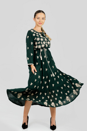 Rochie traditionala maxi verde cu motiv floral auriu Ilona 02 [3]