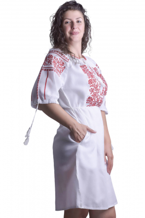 Rochie traditionala midi alba cu motiv floral rosu Selena [1]