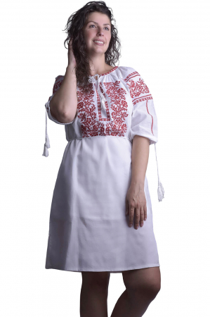 Rochie traditionala midi alba cu motiv floral rosu Selena [3]