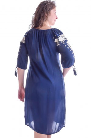 Rochie traditionala midi albastra cu motiv floral crem Catalina [2]