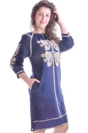 Rochie traditionala midi albastra cu motiv floral crem Ilinca [0]