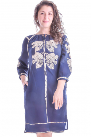 Rochie traditionala midi albastra cu motiv floral crem Ilinca [2]