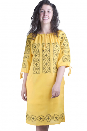 Rochie traditionala midi galbena cu motiv geometric negru Simina [0]