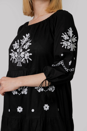 Rochie traditionala midi neagra cu motiv floral alb Mara [1]