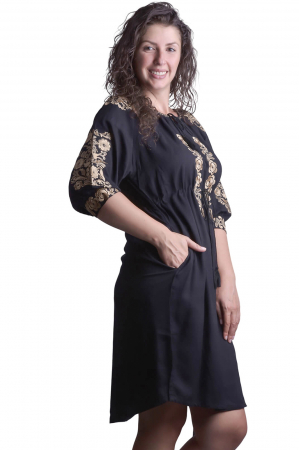Rochie traditionala midi neagra cu motiv floral auriu Madalina [1]