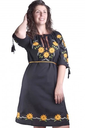 Rochie traditionala midi neagra cu motiv floral galben Smaranda [3]