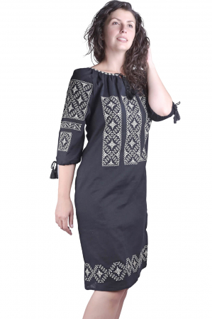 Rochie traditionala midi neagra cu motiv geometric crem Tereza [3]