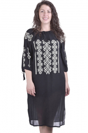 Rochie traditionala midi neagra cu motiv geometric gri Ecaterina 01 [0]
