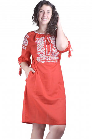 Rochie traditionala midi rosie cu motiv floral alb Roxana [3]