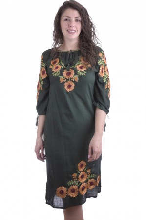 Rochie traditionala midi verde cu motiv floral portocaliu Felicia [0]