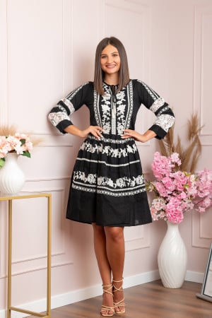 Rochii traditionale - Rochie traditionala neagra cu model floral alb Ema 01