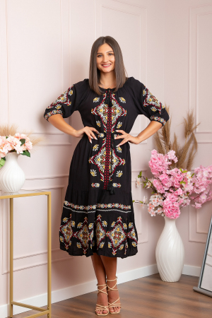 Rochii traditionale - Rochie traditionala neagra cu model floral multicolor Greta