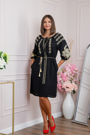 Rochii traditionale - Rochie traditionala neagra cu motiv floral auriu Raisa