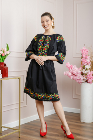 Rochii traditionale - Rochie traditionala neagra cu motiv floral multicolor Andreea 01