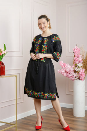 Rochie traditionala neagra cu motiv floral multicolor Andreea 01 [4]