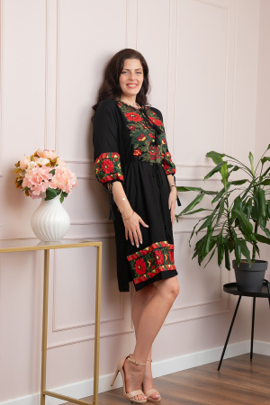 Rochii traditionale - Rochie traditionala neagra cu motiv floral multicolor Mihaela 01