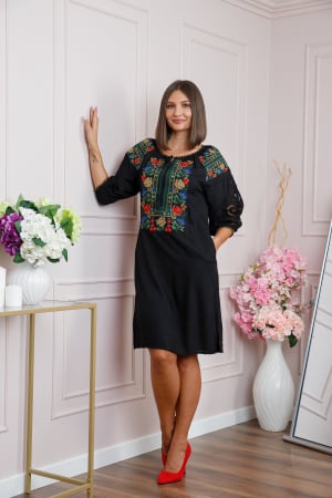 Rochii traditionale - Rochie traditionala neagra cu motiv floral multicolor Simona 04