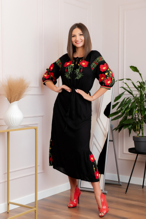 Rochie traditionala neagra cu motiv floral rosu Valentina [3]