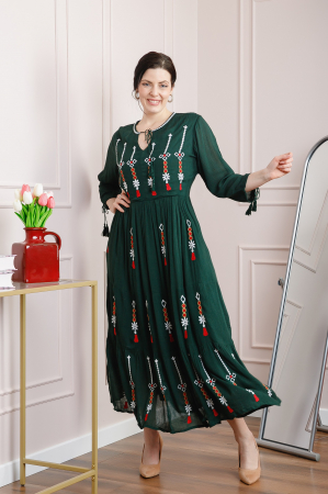Rochii traditionale - Rochie traditionala verde cu motiv floral multicolor Georgiana 01