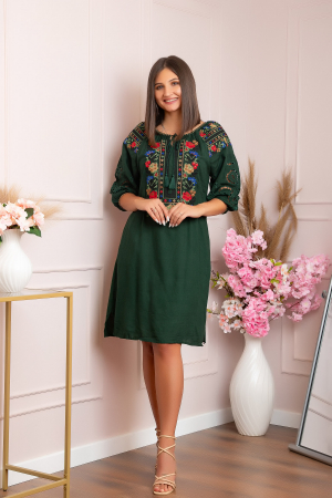 Rochii traditionale - Rochie traditionala verde cu motiv floral multicolor Simona 05